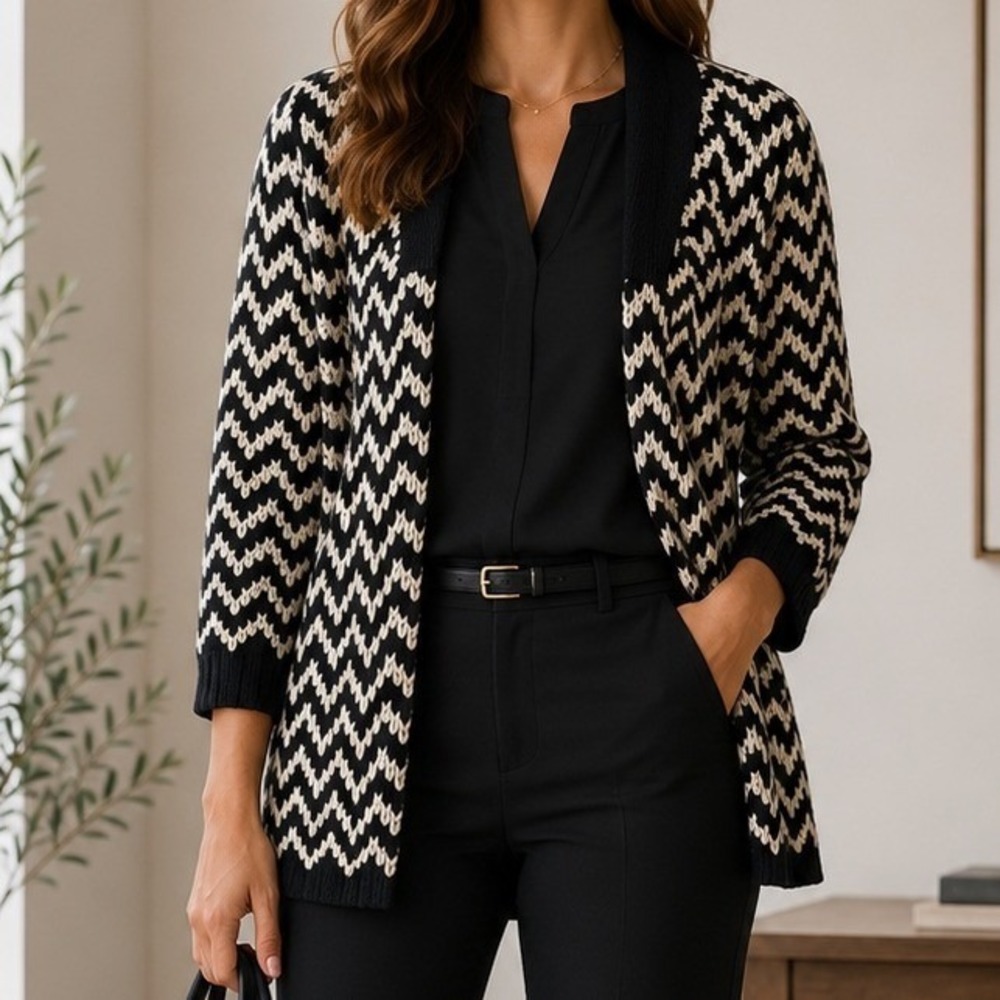 525 America Cardigan Black White Chevron Zig Zag Open Front Knit Preppy Large
